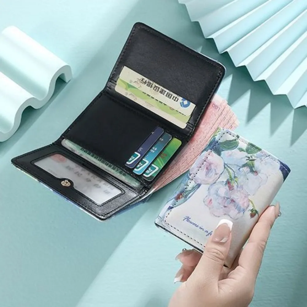 

Portable Oil Painting Design Short Wallet PU Leather Multiple Card Slots Card Bag Triple Fold Coin Purse