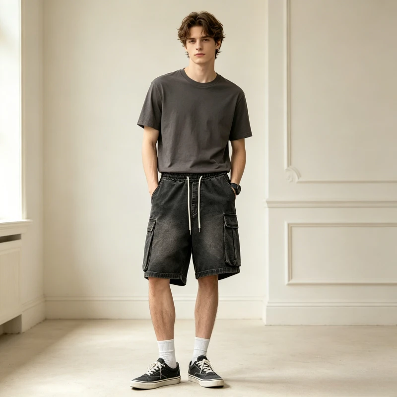 Cargo Pants Denim Short Pant Men Jeans Lace Up Trousers High Street Work Casual Vintage Washed Loose Elastic Waist Pocket 2026