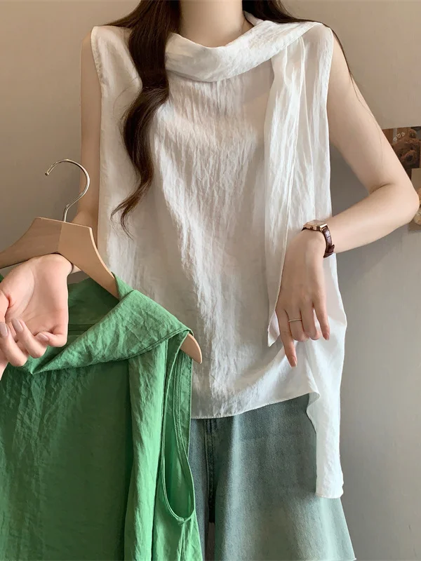 

plus Size Korean Style Vest Summer New round Neck Sleeveless Shoulder Bared Gown Sash Hanging Neck Loose Fit Commute Style
