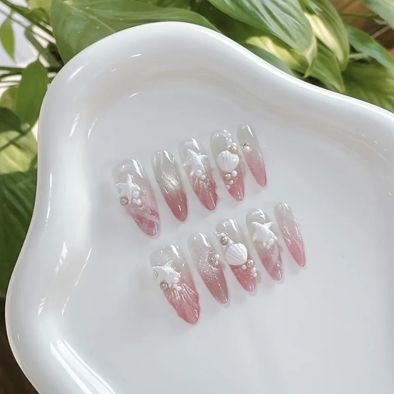 

10 Pieces Romantic Pink Gradient Beach Handmade Press On Nails Pearl Shell Starfish Cat Eye Fake Nails Removable Reusable