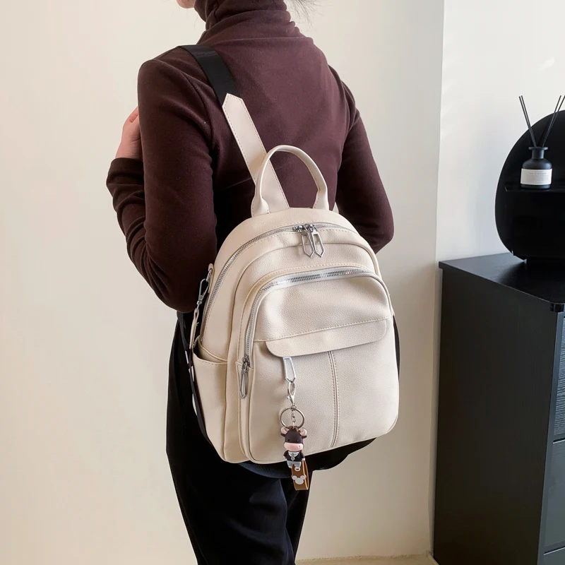 New Designer Fashion Women Leather Backpack Soft Solid Color Multi-Function Small Backpack Female Ladies Shoulder Bag Girl Purse