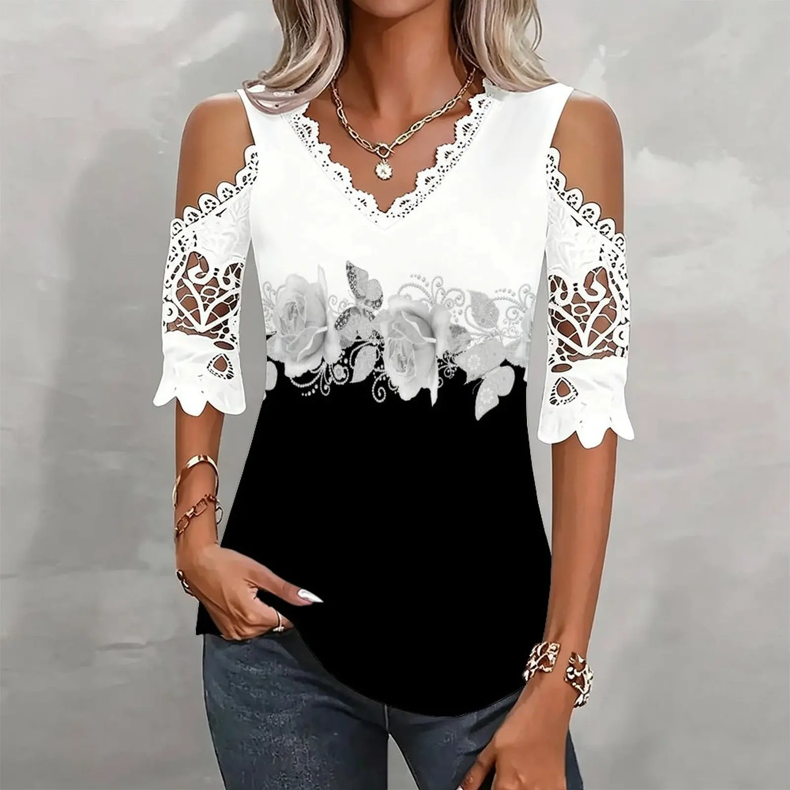 Fashion Casual Ladies V‑neck Cold Shoulder 3/4 Sleeve T‑shirt Spring Retro Slim Style Beach Vacation Everyday Top
