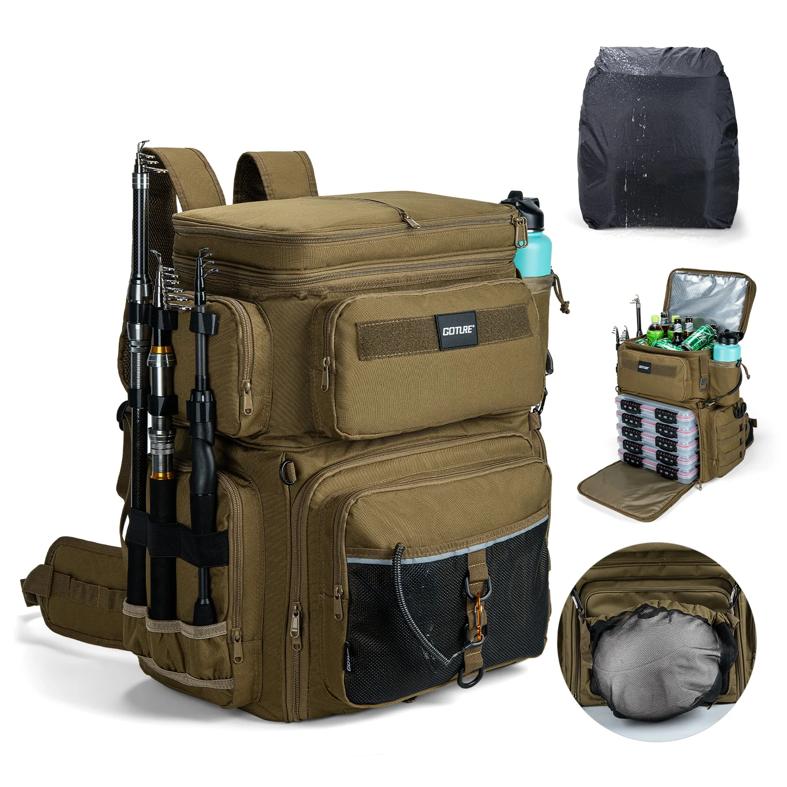 Goture Large Capacity Fishing Backpack Built-in Insulated Cooler Bag, Multifunctional Fishing Gear Storage Rucksack