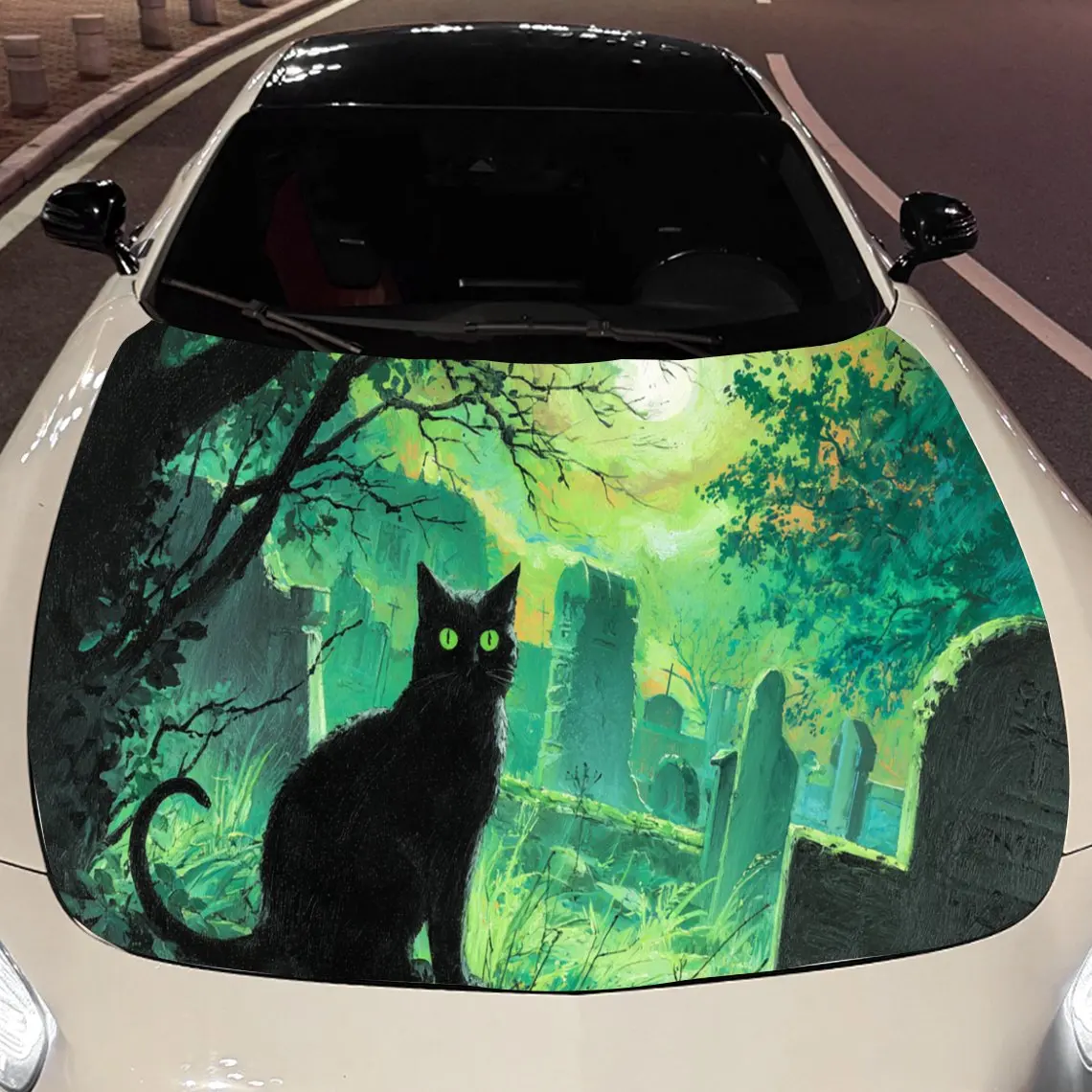 Green Moonlight Cemetery Black Cat Car Hood Vinyl Stickers Car Surface Protection Decal Car Decoration Cover Vinyl Wraps Waterpr