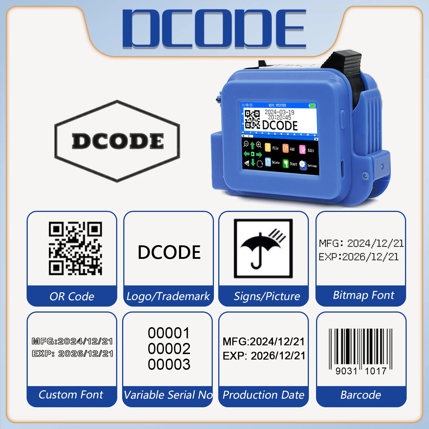 Imagem -02 - Dcode-mini Portátil Inkjet Impressora Térmica Label Coder Texto qr Barcode Image Número do Lote Logo Data Azul Xmini 127 Milímetros