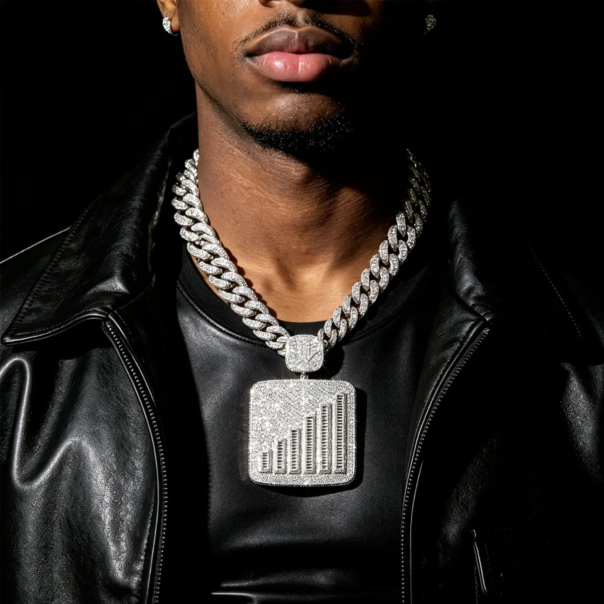 Hip Hop Men's Iced Out Bar Chart Pendant with Cuban Link Chain Bling CZ Jewelry Gift luxury and elegance Festival Jewelry