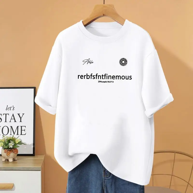 

Summer Fashion Letter Printed Short Sleeve Top Tee, O-neck Cotton Basic Pullovers, Women Clothing Casual Loose T-shirt