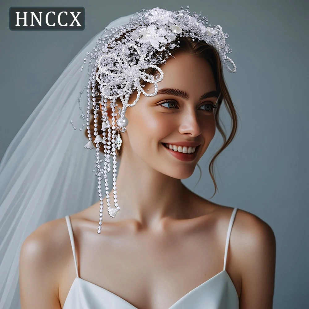 HNCCX Trendy White Color Pearl Flower Headband Bridal Tiara For Women Bride Pearl Tassel Luxury Wedding Hair Accessories CP741 ﻿