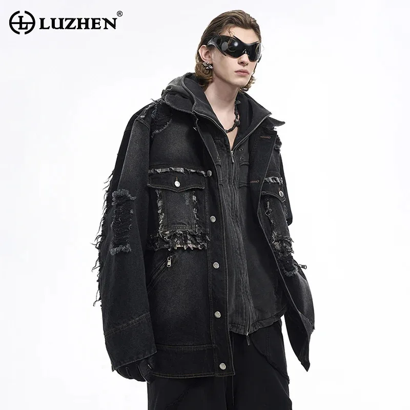 LUZHEN Washed Denim Jacket Men's Autumn Multi Pocket Burr Hollow Wornout Trendy High Street American Designer Coats Male LZ8071