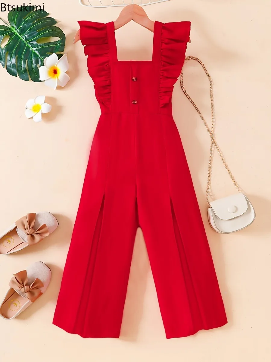 Girl's Solid Color Romper Sleeveless Vest Pleated Hem Butterfly Wide Leg Pants Square Neck Casual Sweet Fashionable Jumpsuits