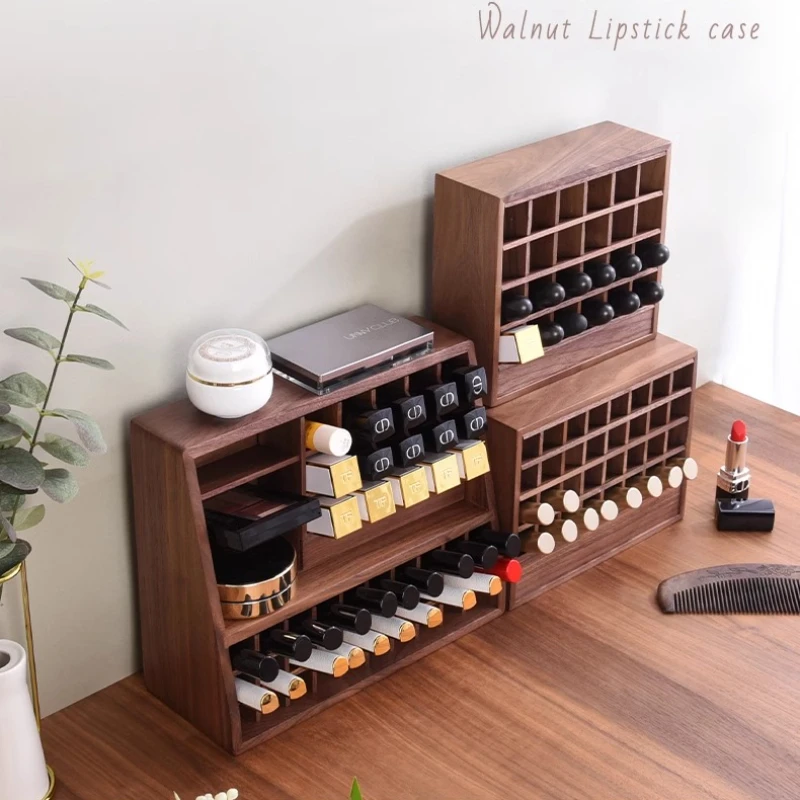 Organizador de maquiagem de nogueira preta de luxo, suporte de batom de grande capacidade, vitrine de brilho labial, caixa de armazenamento de cosméticos de alta qualidade