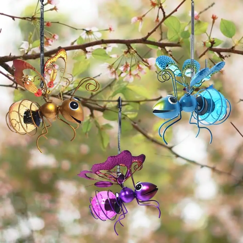 Creative Solar Metal Insect Light Outdoor Waterproof Garden Decoration Bee Butterfly Dragonfly Statue Hanging Lamp For Yard Lawn