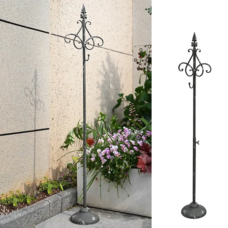 Wrought iron French retro retractable floor hanger wind lamp hanging basket frame garden courtyard terrace decorative ornament