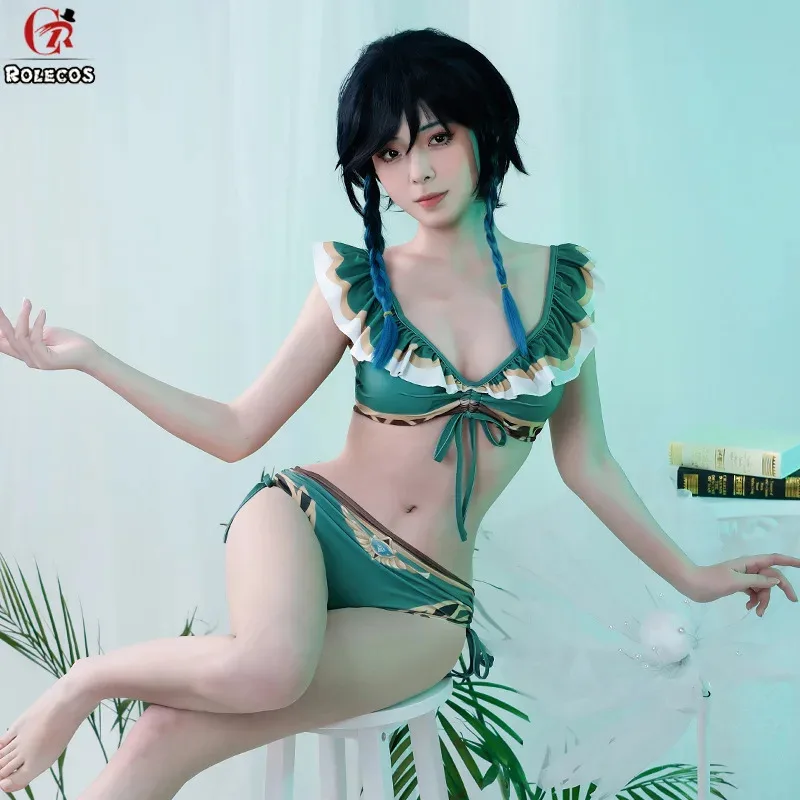 ชุดว่ายน้ำเวนดี้จากเกม Genshin Impact สีเขียวแบบแยกชิ้น ชุดว่ายน้ำเซ็กซี่สำหรับผู้หญิง ชุดคอสเพลย์ฮาโลวีน ชุดแฟนซีสำหรับเล่นบทบาทสมมติ;3,k8't,
