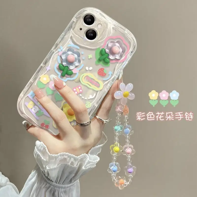 3D Rabbit Flower Hang Wrist Chain Strap Phone Case for IPhone 16 15 12 11 Pro Max 14 Plus 13 Mini X XS XR 7 8 Plus SE Cover