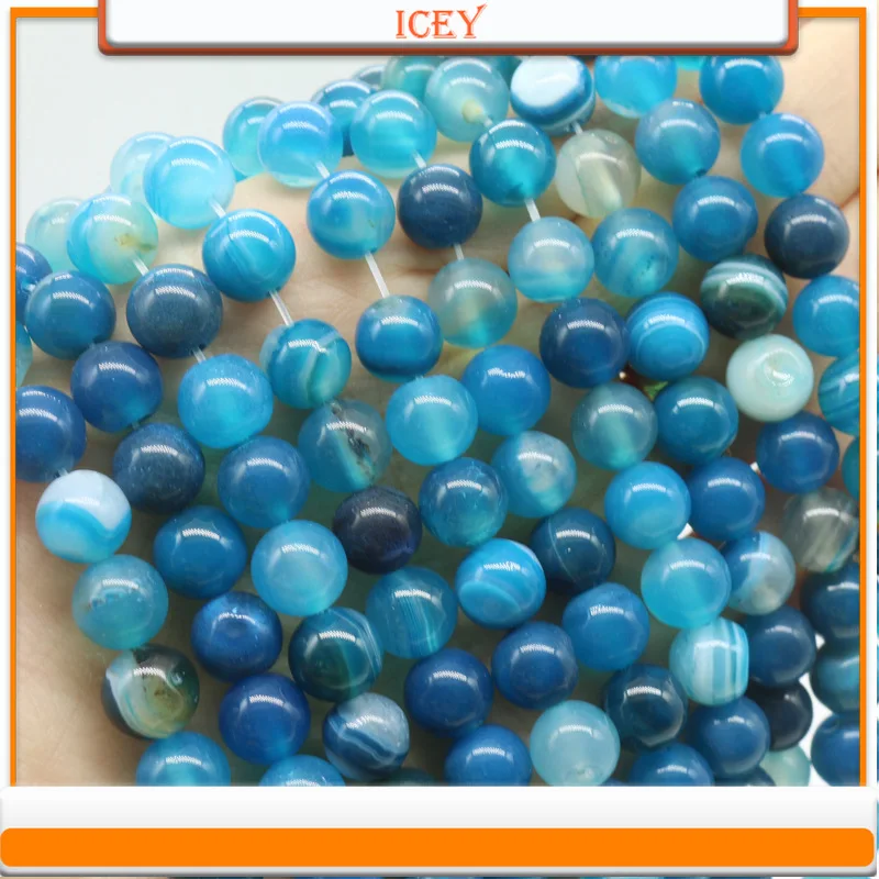 

Icey 10pcs Striped Blue Agate DIY Handmade Jewelry Bracelet Necklace Accessories Semi Finished Striped Agate Beads