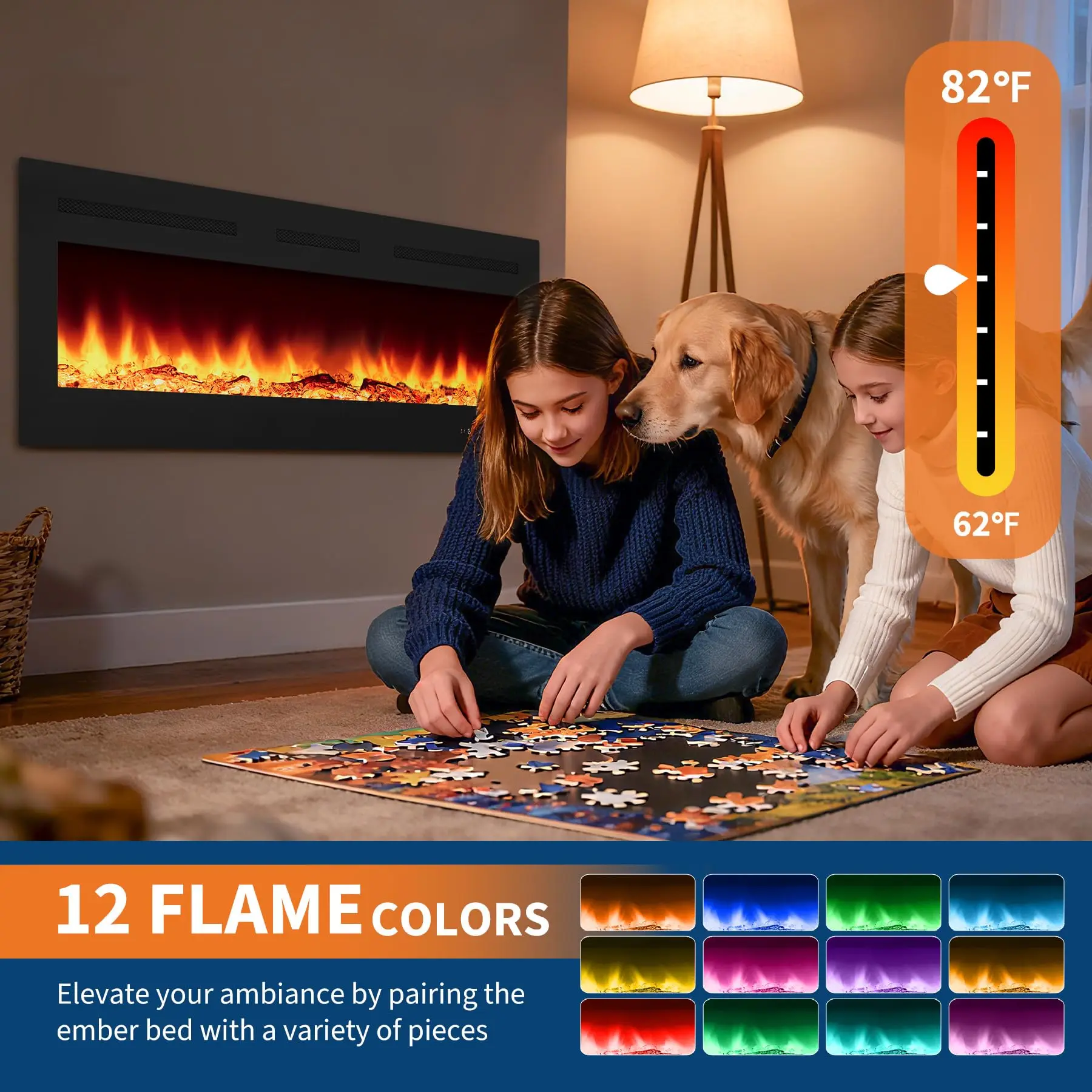 Camino elettrico da parete/da incasso, 127 cm (50 pollici), fiamma LED 3D realistica, 12 colori, 5 livelli di luminosità, potenza di riscaldamento 900/1800 W, timer, controllo touch e remoto, colore