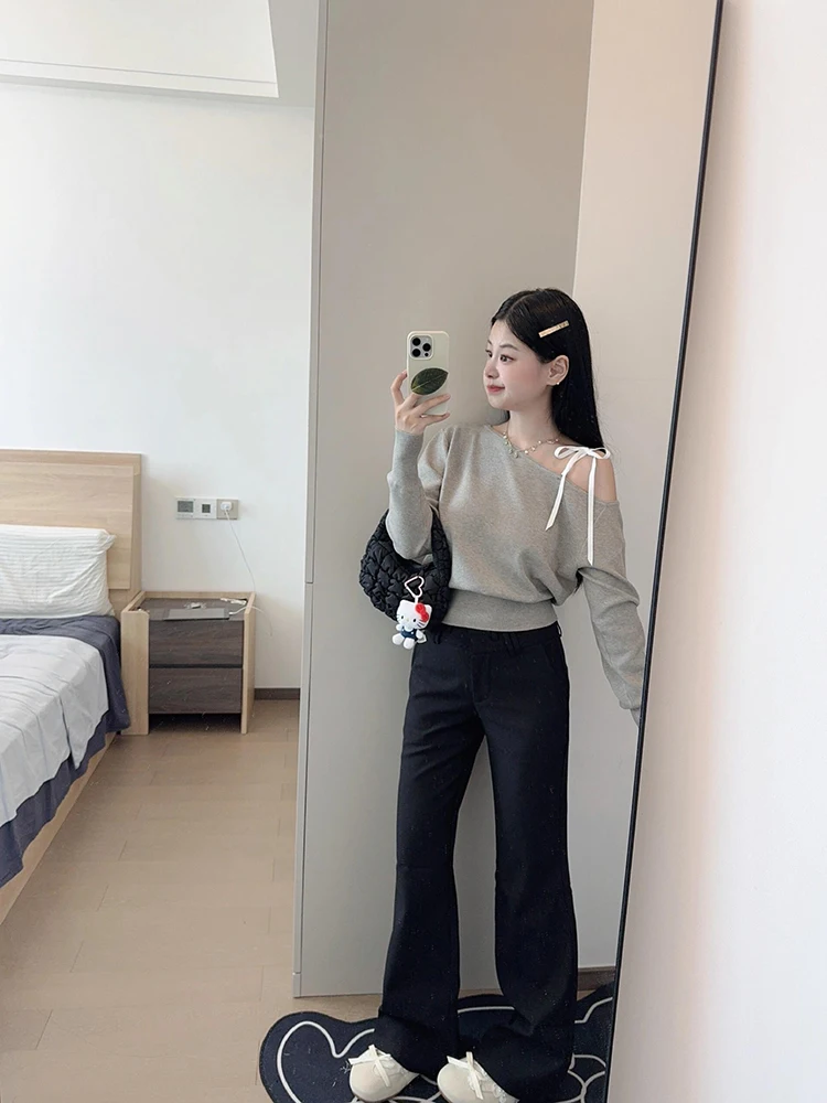 

Chic Shoulder Slanting Grey Long Sleeve Women's Sweatshirt Spicy Girl Slim Fit Knitted Top Autumn Fashion Casual Streetwear