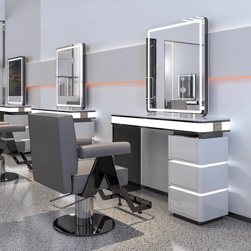 Mason High-end Light Luxury Commercial Barber Shop Stainless Steel Marble Hair Cutting Perming Dyeing Salon Mirror Station Table