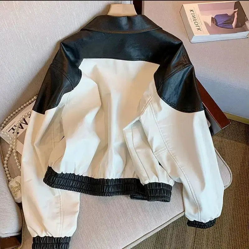 Black And White Patchwork leather Jacket 2026 Spring And Autumn New Baseball Uniform Women's loose Motorcycle Jackets