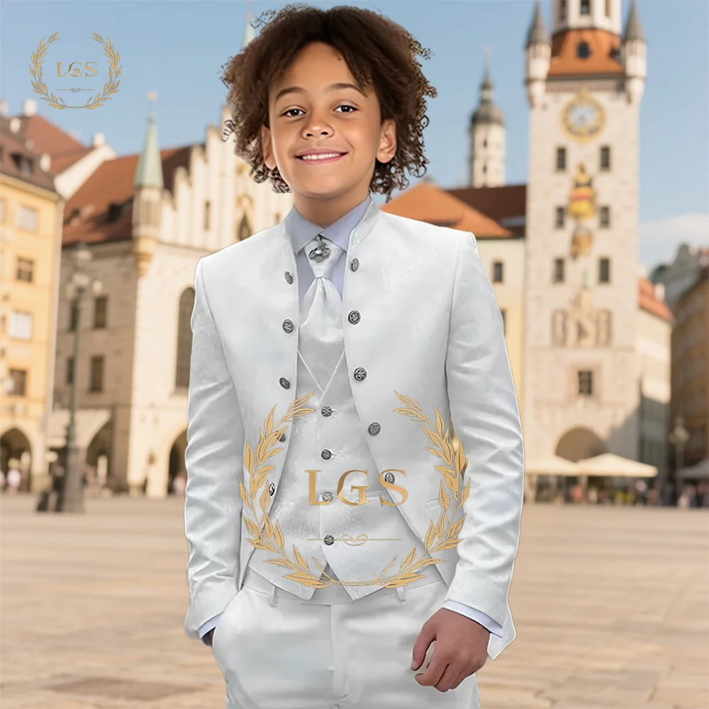 

Boys' 3-piece suit with stand-up collar made of jacquard fabric, suitable for elegant occasions such as parties and dinners