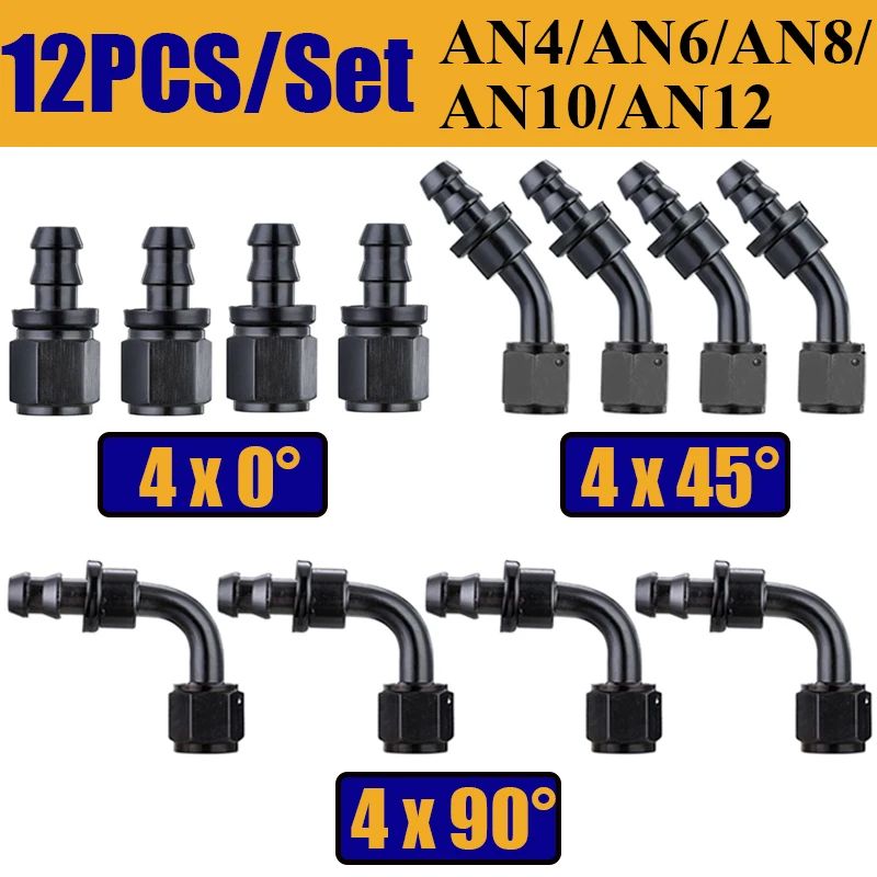 

12Pcs Uuiversal 4AN 6AN 8AN 10AN 12AN Oil Fuel Cooler Push On Hose Fittings 4x0° 4x90° 4x45° Degree Rubber Tube End Adapter