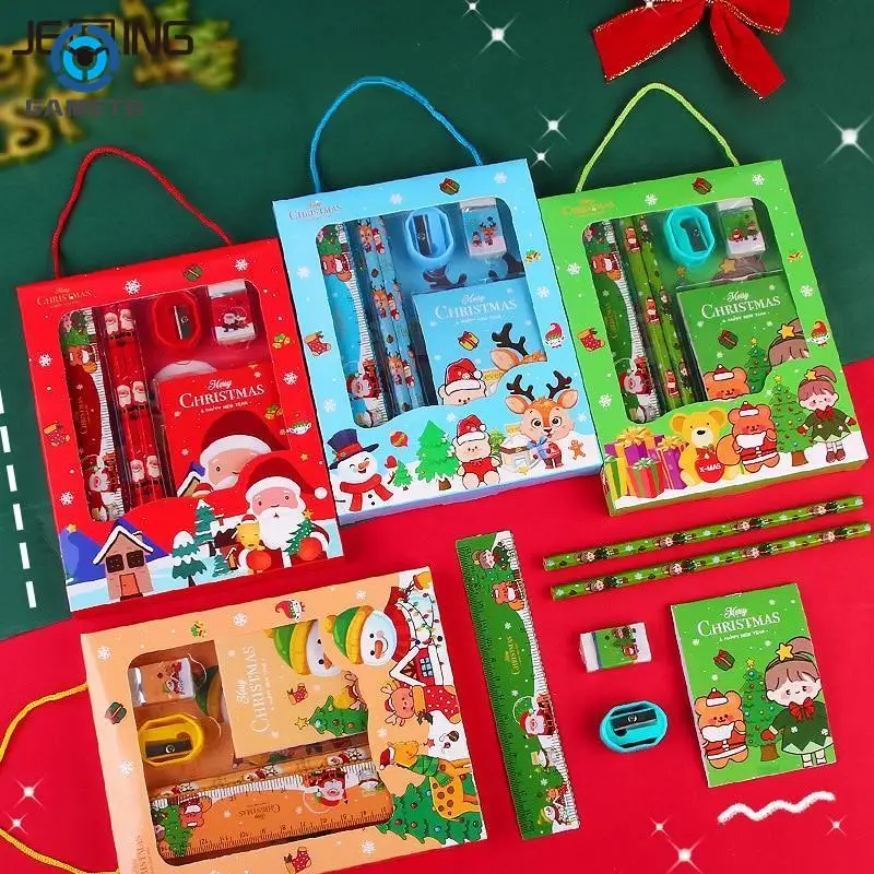 6 teile/satz Weihnachts briefpapier Serie (Lineal + Bleistift + Radiergummi + Bleistift spitzer + Notizblock) Kit Kinder Schreibwaren Geschenke Studenten