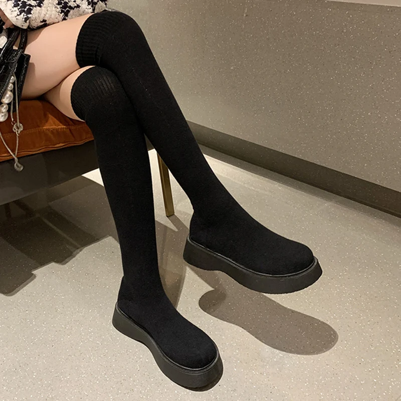 Botas por encima de la rodilla con plataforma para mujer, calcetines de punto elásticos, Botas Largas, zapatos de fondo grueso sin cordones, Otoño