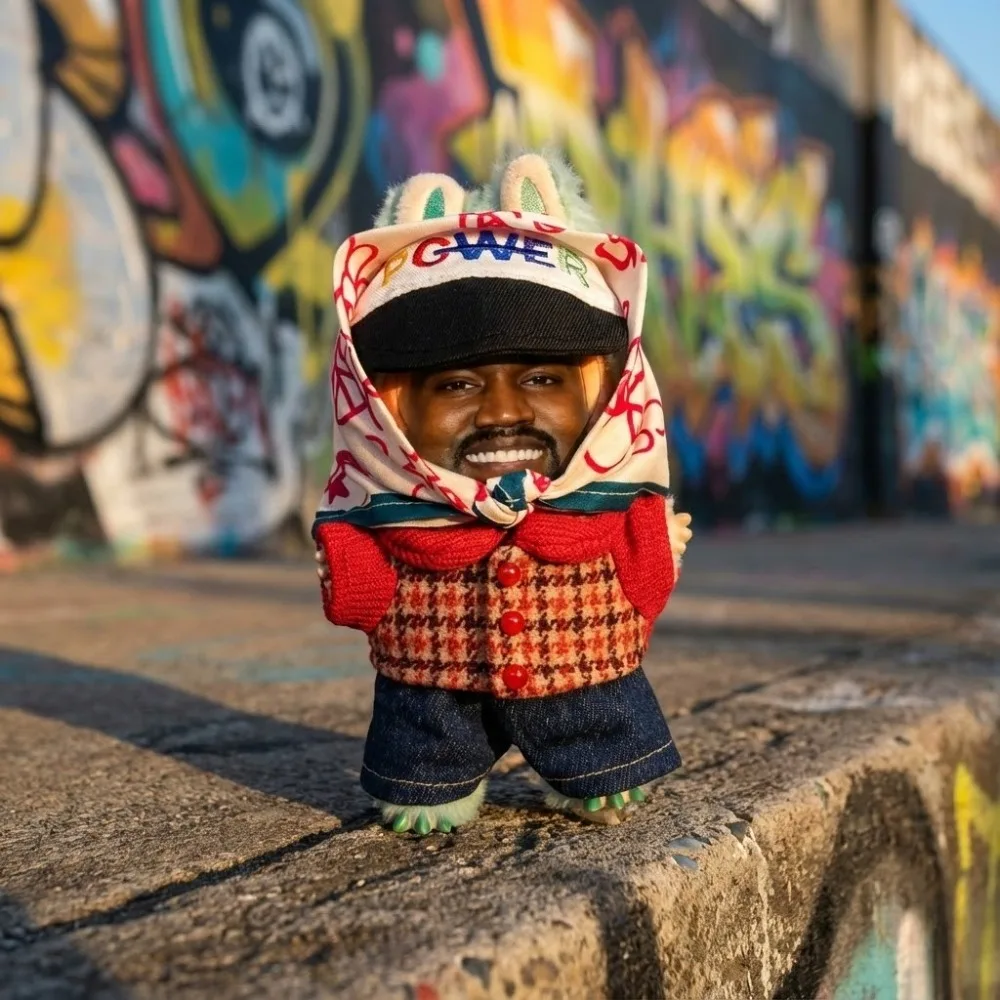 Funny Kanye West Doll Keychain Hip Hop Layeye Figure Plaid Outfit Denim Jeans Pendant Car Bag Charm Stuffed Toy Gift for Fans
