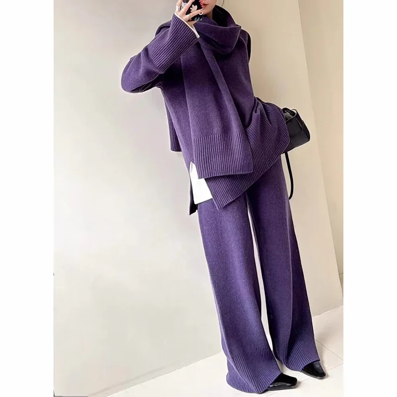 SuperAen Autumn and Winter New Korean Style Loose Casual O-neck Sweater High Waist Long Pants Solid Scarf Women Three-piece Set