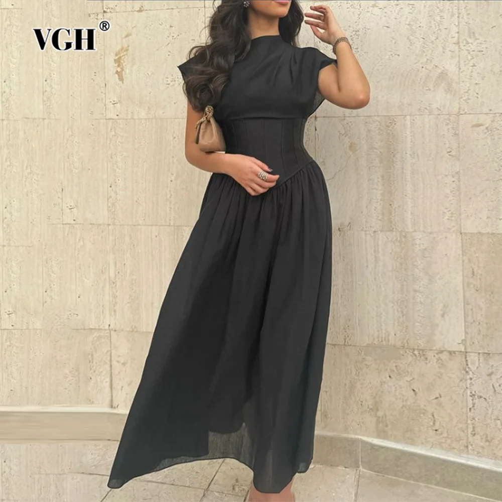 

VGH Solid Hollow Out Patchwork Folds Elegant Dress For Women Stand Collar Sleeveless High Waist Slimming Dresses Female Style