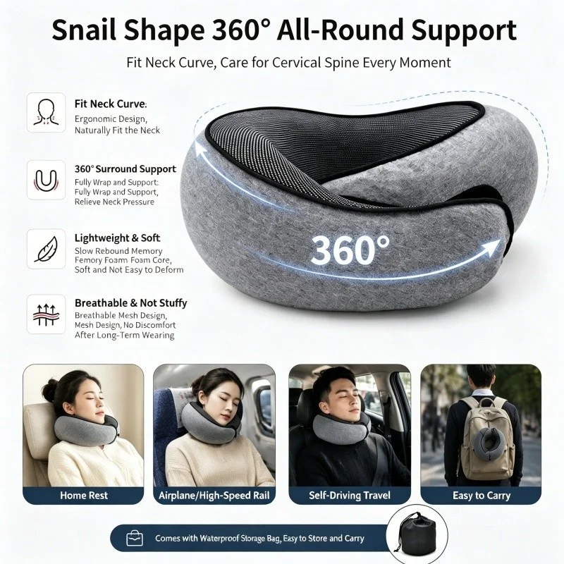 Cuscino da viaggio per il collo, indeformabile, ideale per l'aereo, cuscino ergonomico a forma di U, resistente, in memory foam, per riposare il collo durante il viaggio, 360. ° Supporto per la