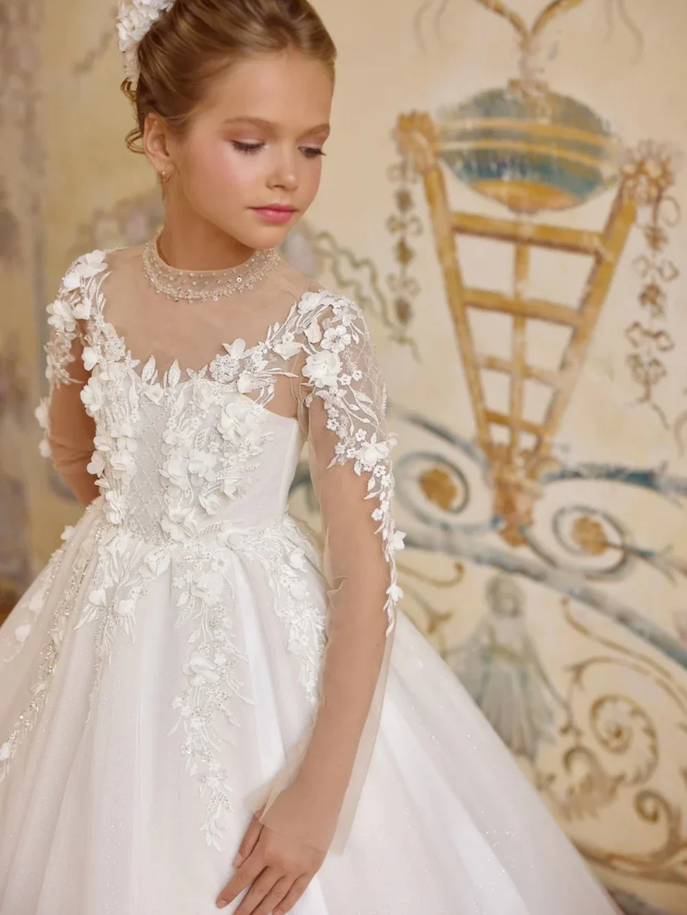 Glitter Tulle 3D Floral Girls Dresses For Stage Performance Delicate Luxury Beaded A-line Long Princess Gown Kids Wedding Wear