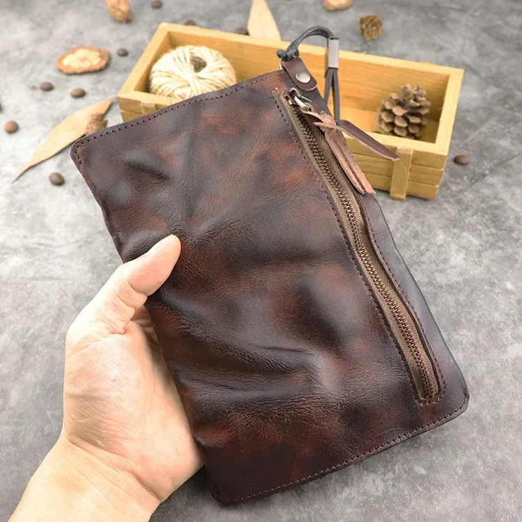 

2025 Washed Vegetable Tanned Leather Cowhide Mobile Phone Bag Long Wallet Large Capacity Card Wrist Men's Wallets