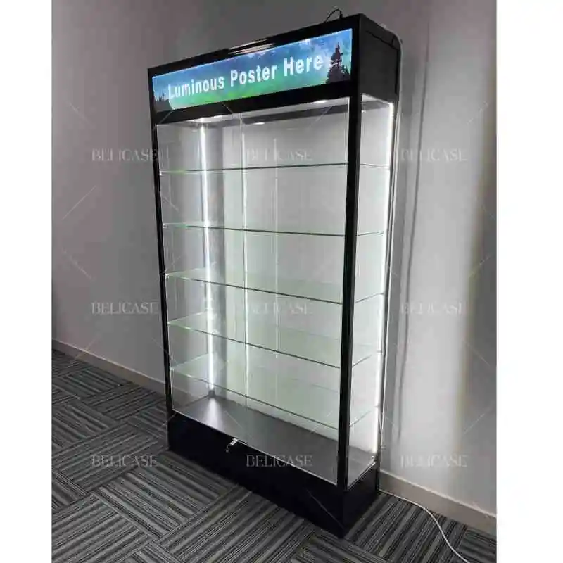 

2025customized.USA Smoke Shop Lightbox With Posters Showcase Removable Shelves Lock Glass Sliding Glass Door Showcase