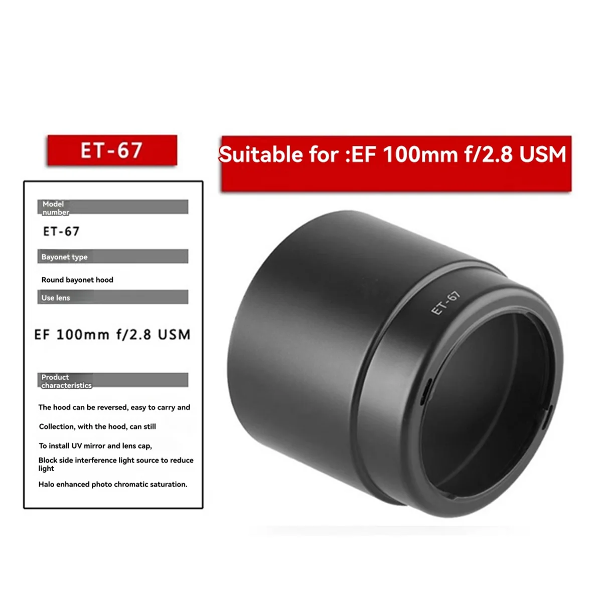 Gran oferta, cilindro de cámara, bayoneta, parasol de lente, reemplazo ET-67 para EF 100mm F/2,8