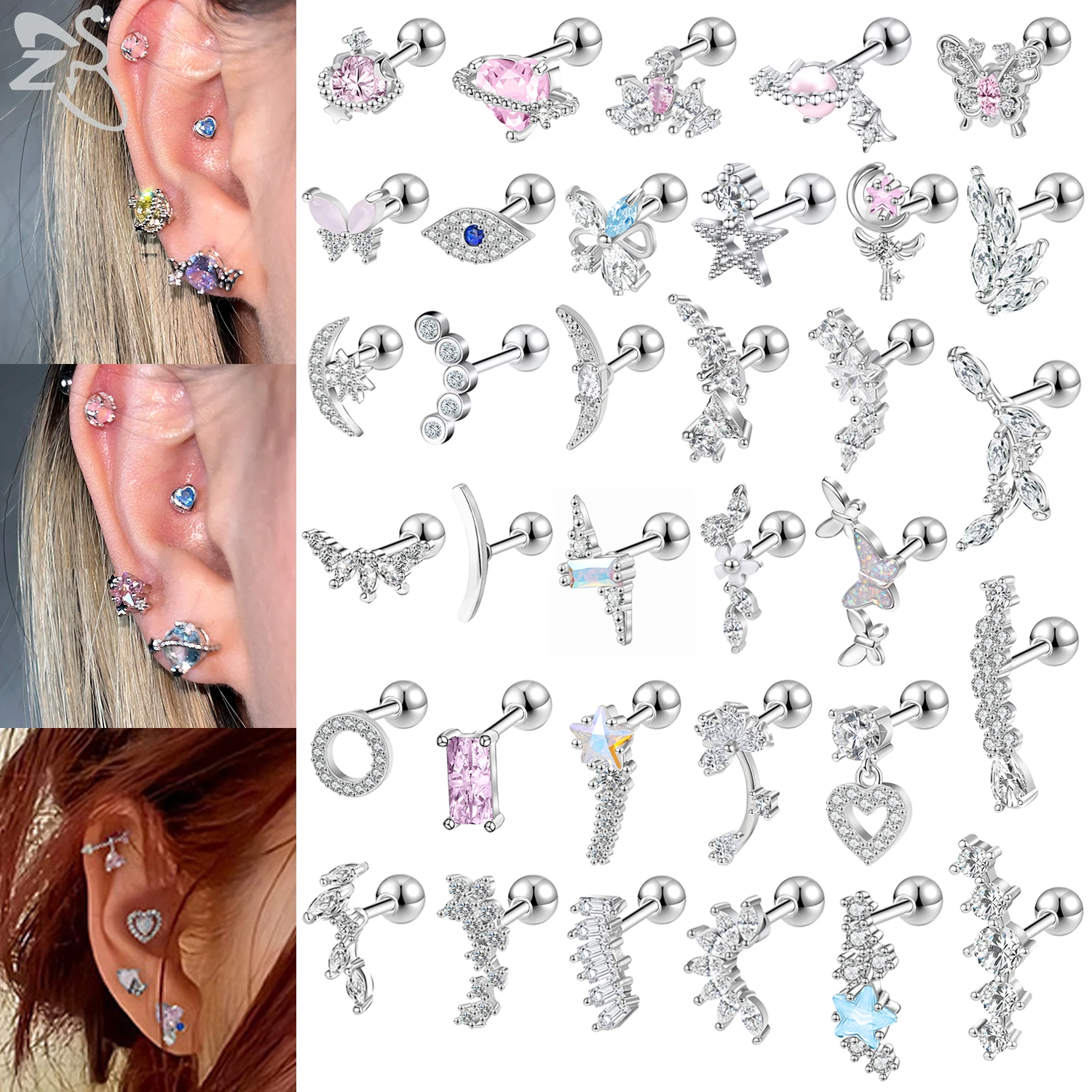 ZS 1 unidad de pendientes bonitos de cristal CZ para mujer y niña, pendientes de acero inoxidable con forma de corazón y flor, joyería para Piercing de cartílago de hélice pequeña