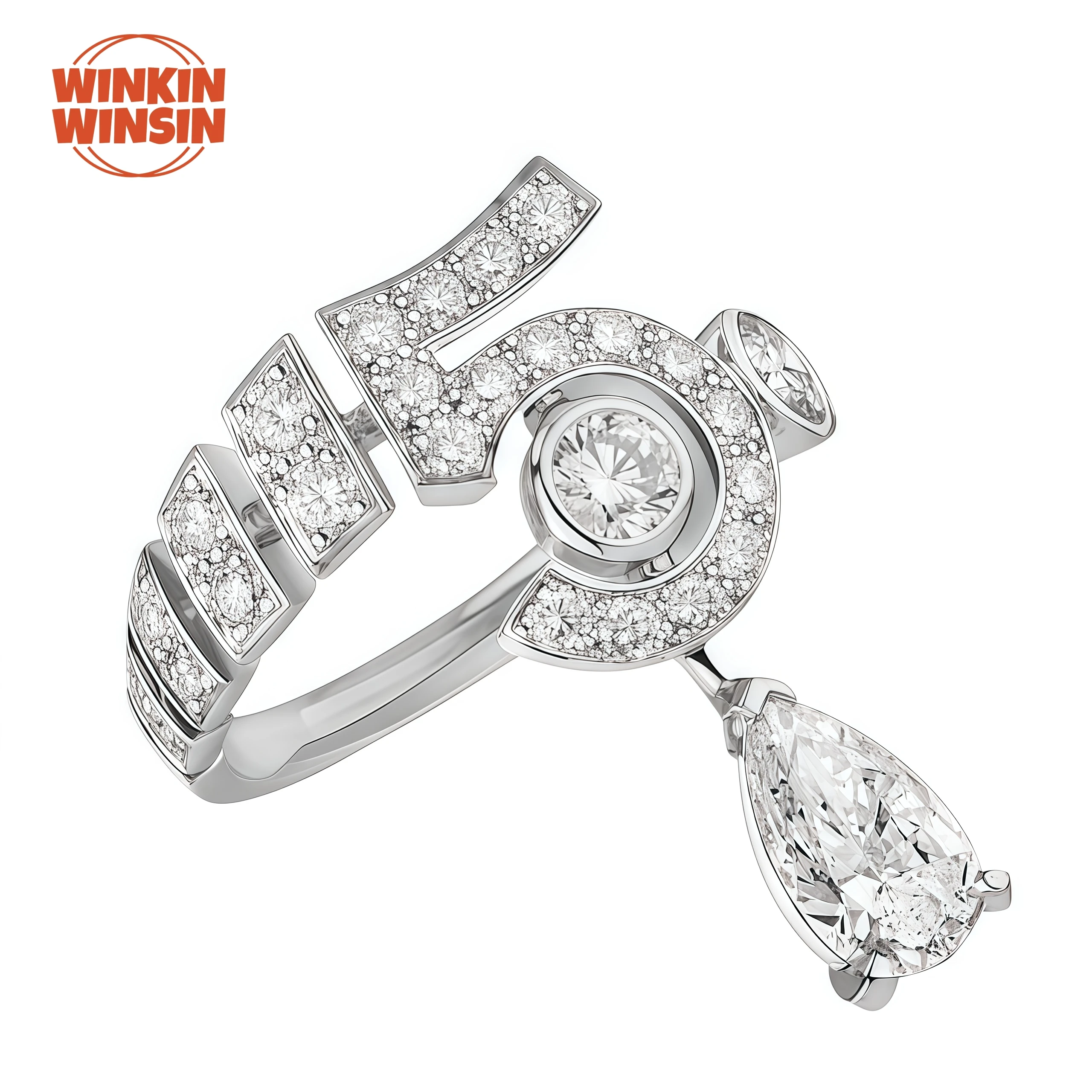 

Winkin Winsin Fashion 5-character Water Drop Full Diamond Single Women 925 Sterling Silver Diamond Smooth Digital Ring Jewelry