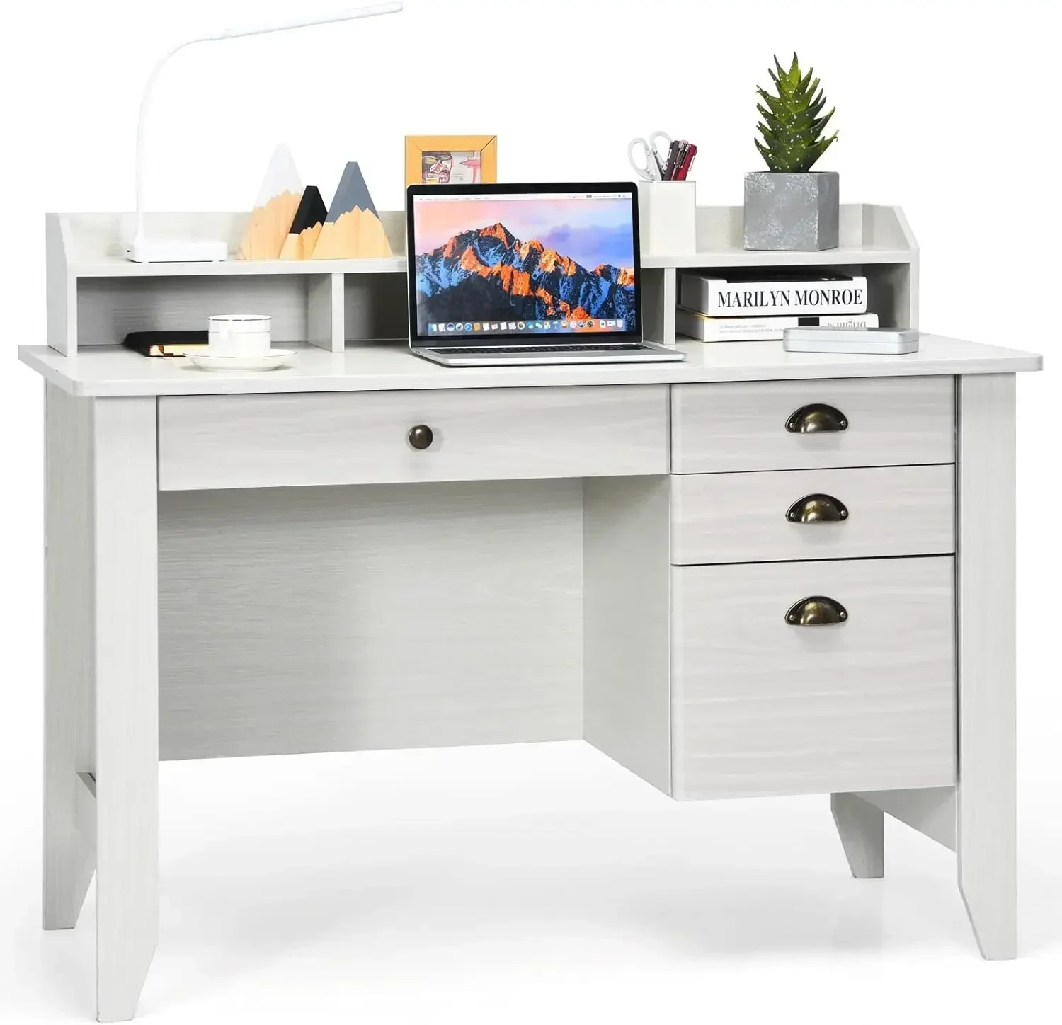 

White Desk with 4 Storage Drawers & Hutch, Home Office Computer Desk Vintage Desk with Storage Shelves (White)
