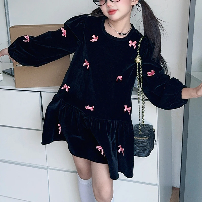 Girls\' Velvet Dress Spring and Autumn New Style Bow Sweet Cool Girls\' Black Velvet Dress Bottom Round Neck Christmas Festival