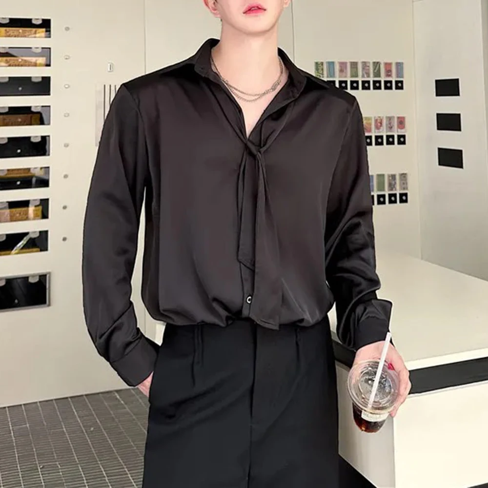 Mens Shirt Y2k Glossy Satin Tie Design Shirt Autumn Streetwear Fashion Campus Performance Casual Long Sleeve Tops Men'S Clothing