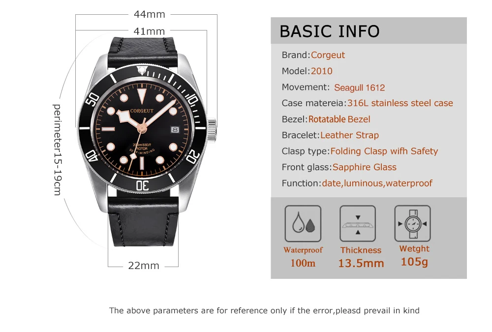 CORGEUT-Relógio Gaivota Mecânico Automático Masculino, Aço de Luxo, Sapphire Glass, Impermeável, Brilho, Data, Relógio, 41mm, 1612