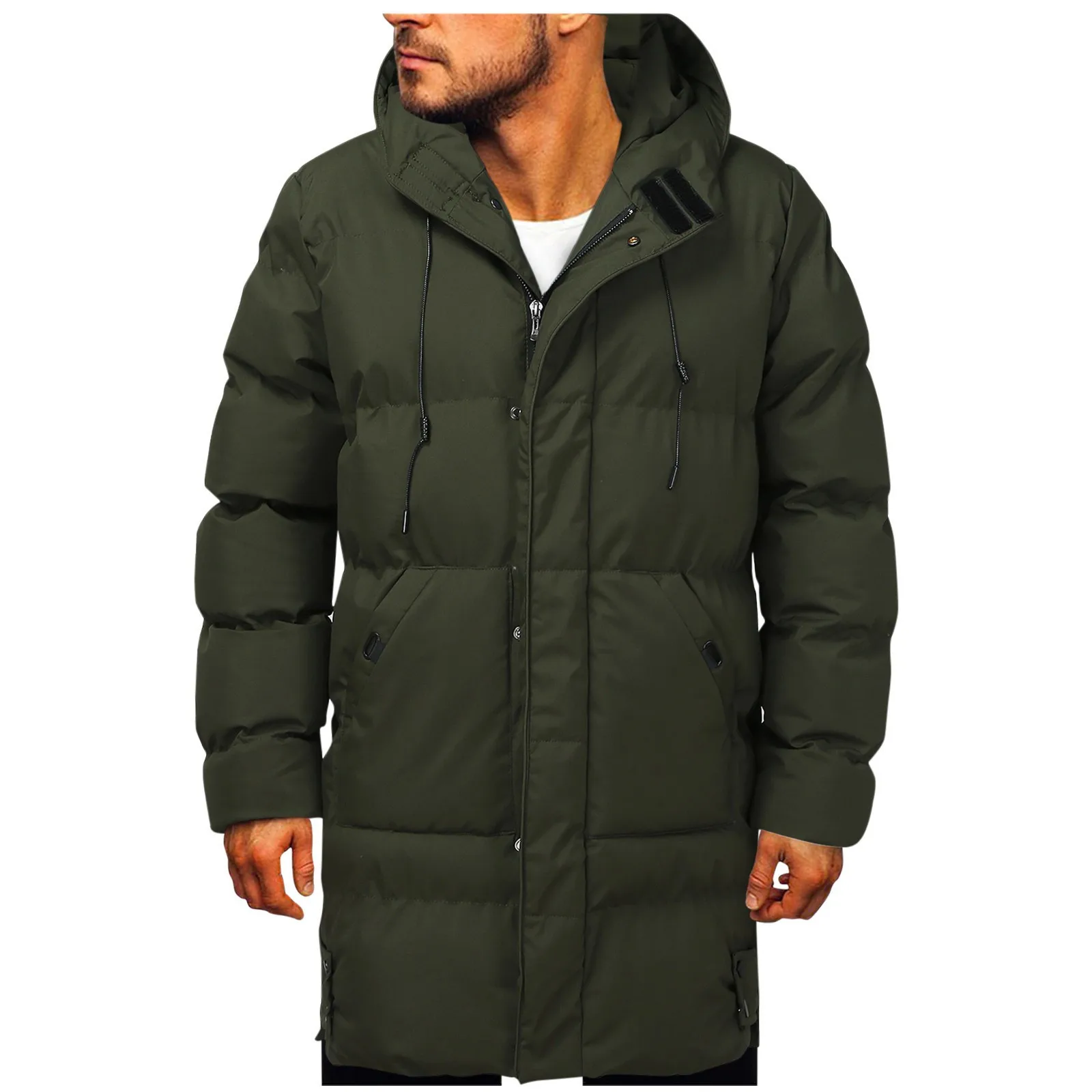 Male Winter Warm Solid Color Pocket Coat Hooded Long Sleeve Button Zipper Coat Thick Warm Cotton-Padded Windproof Overcoat