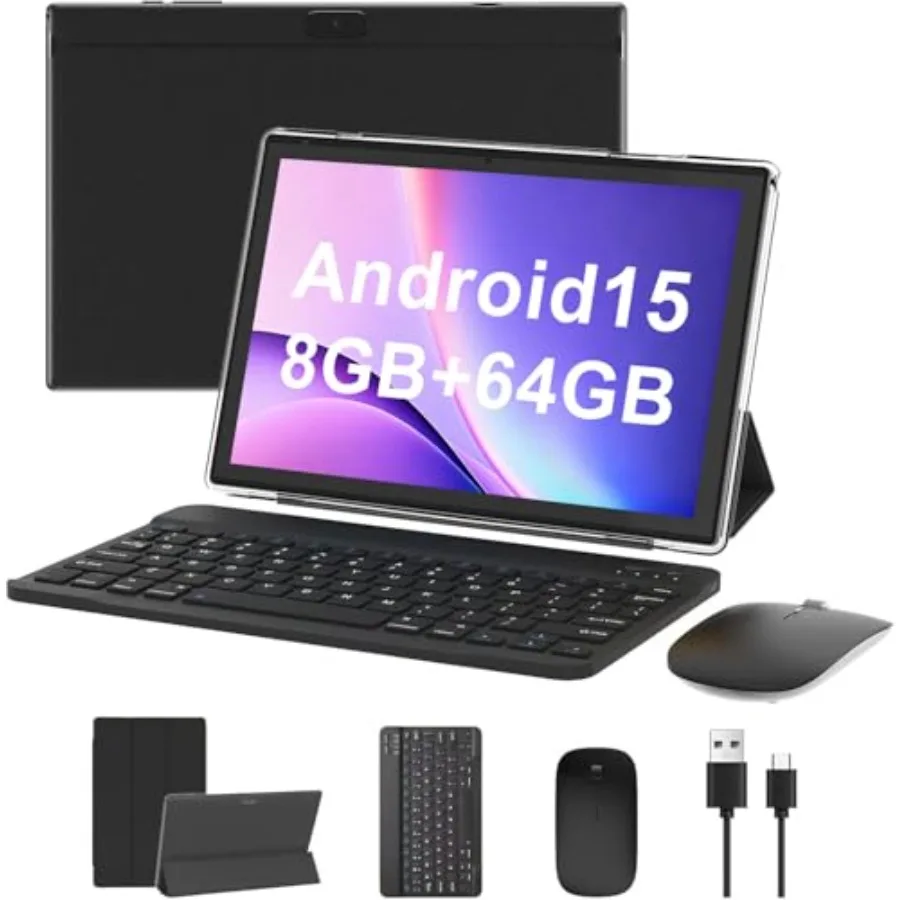

10 Inch Android 15 Tablet 8GB RAM+64GB ROM+1TB Expandable 1.8GHz Quad-Core 2 in 1 with Keyboard/Mouse/Case/Stylus 8MP Camera 60