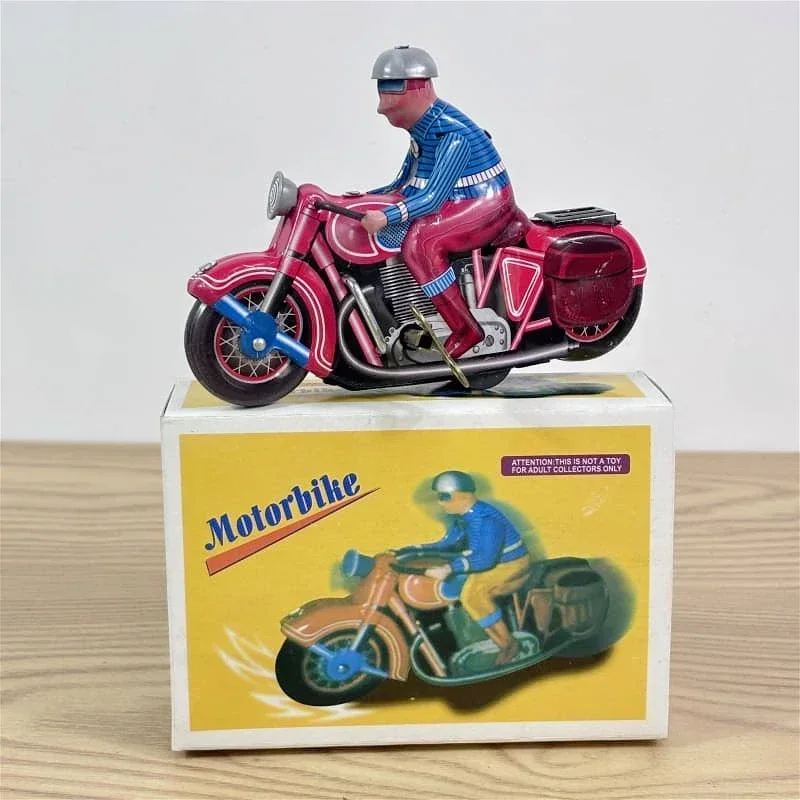 [Divertido] colección clásica, motocicleta de relojería Retro, juguete de cuerda, engranaje de estaño de Metal, paseo en la motocicleta, juguete mecánico, regalo para niños