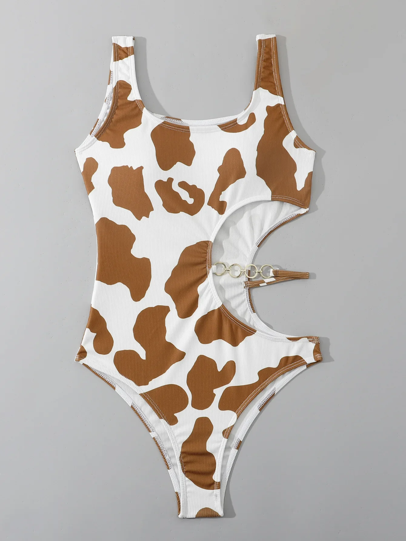 2025 Cow Print Rib Cut-out One Piece Swimsuit Ring Link Swimwear Women Bathing Suit Female Swimming Summer Beachwear Bodysuit