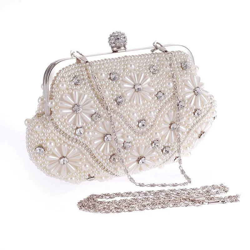 

Handmade Embroidered Pearl Shell Diamond Dinner Bag Fashion Party Banquet Wedding Bridal Rhinestone Clutch Handbag Bolso De Mano