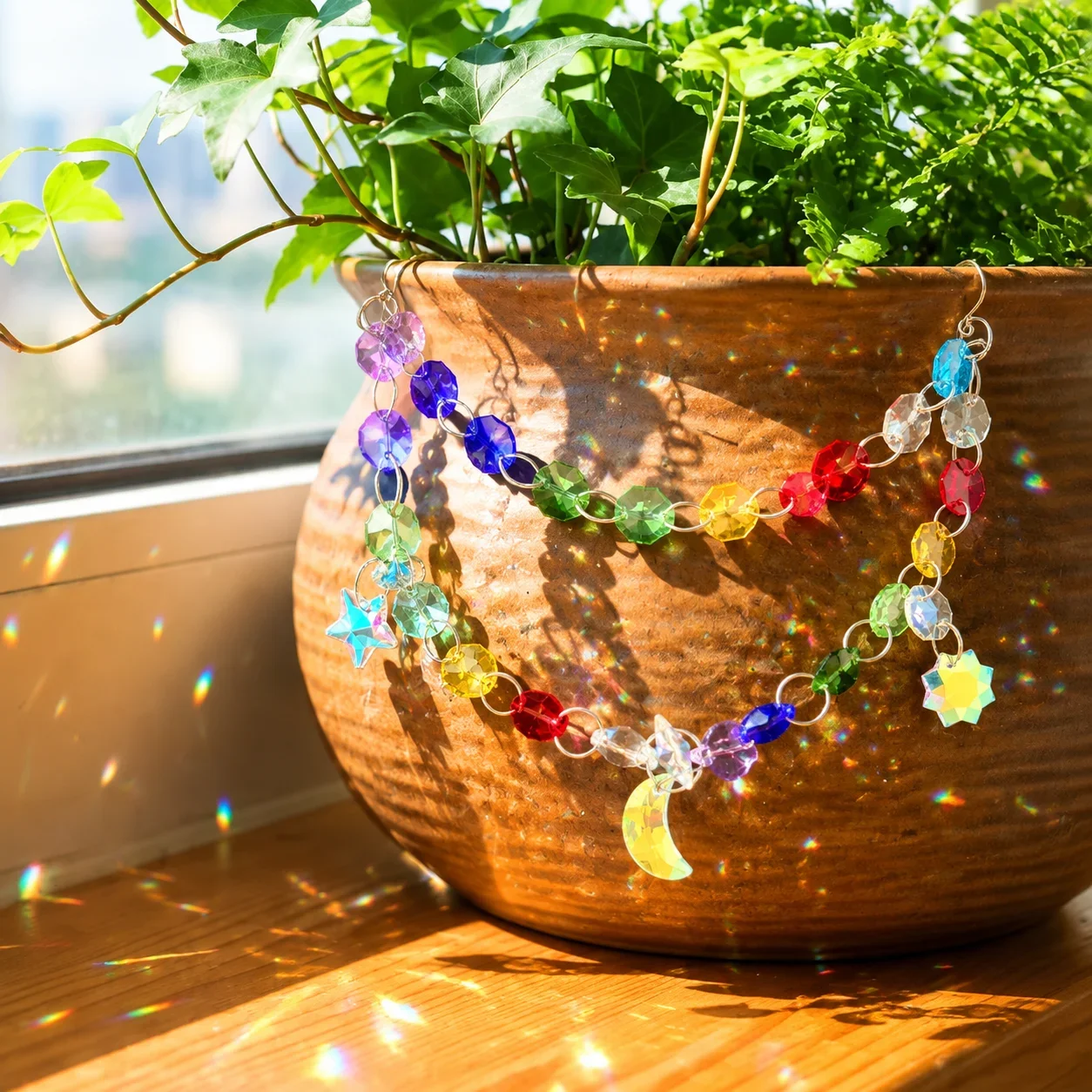 Star Moon Mandala Suncatcher Crystal Plant Hanging Rainbow Prisms Bead Sunlight Catcher Flower Pot Pendant Fairy Garden Decor