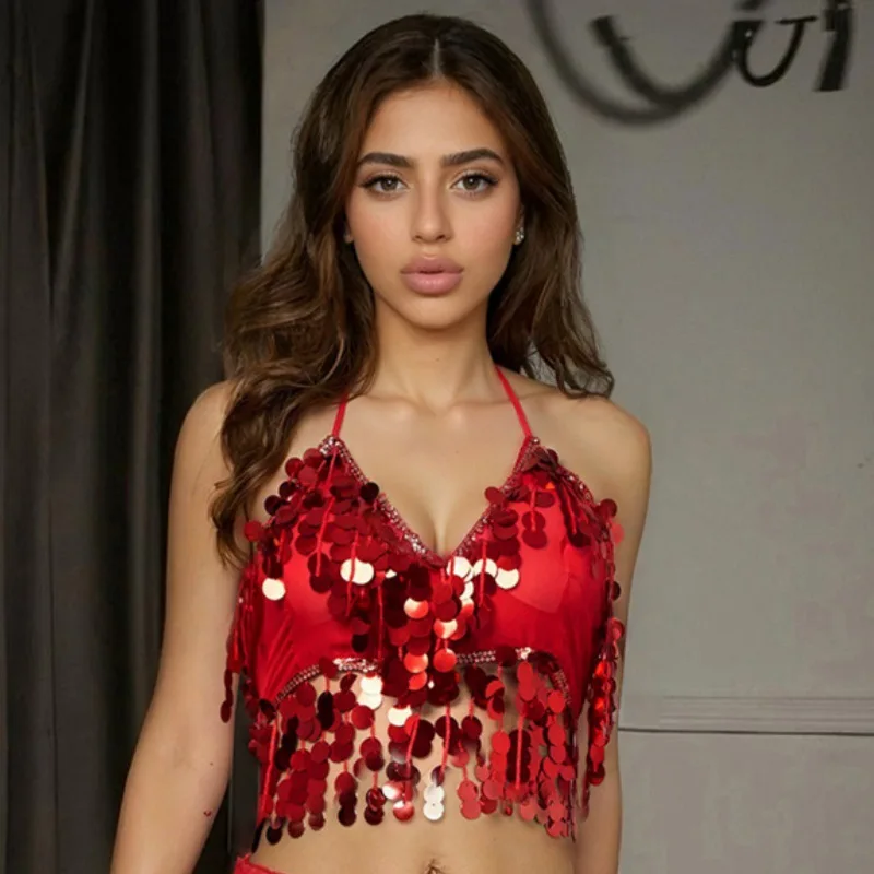 Belly Dance Sequin Tassel Crop Tops for Women V-neck Halter Chest Pads Lace Up Dancing Class Stage Costumes Accessories