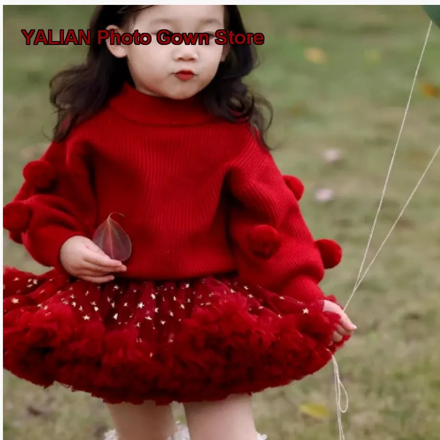Girls Dress Set Christmas Wine Red Tutu Skirt Princess Style Ball Pom-Pom Pullover New Year Outfit